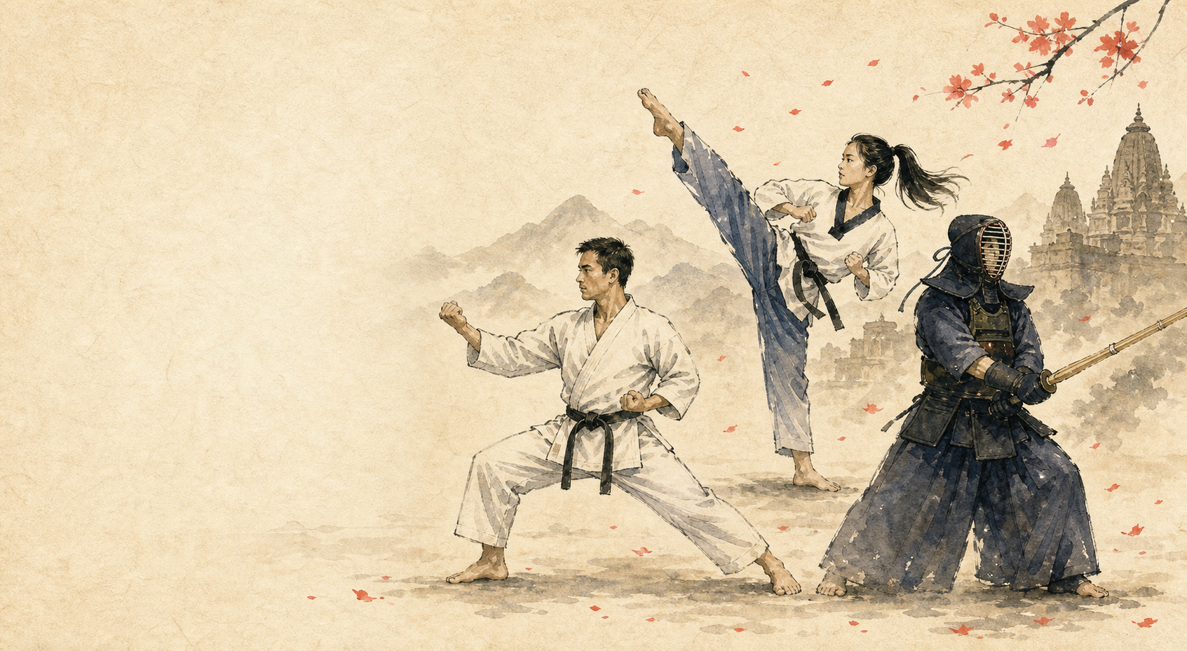 Watercolor illustration of karate, taekwondo, and kendo practitioners